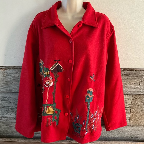 Take Two fleece embroidered shacket birds birdhouses Size Medium (D1) NWOT - Picture 1 of 7
